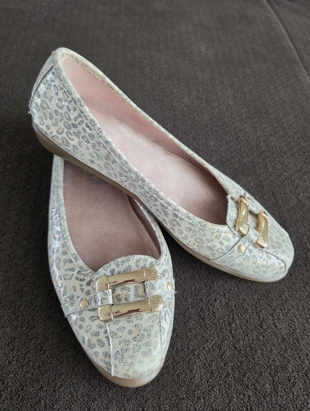 Aerosoles Sherbet Loafer Ballet Flats Metallic Leopard Animal Print Gold Buckle